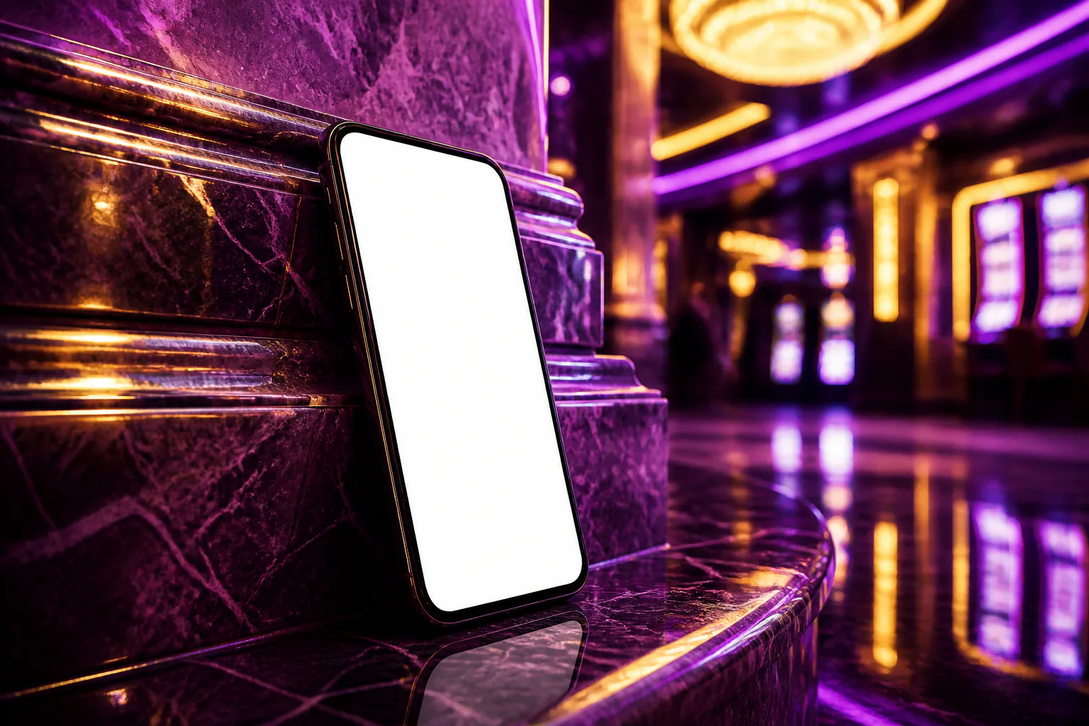 Smartphone apoyado en un pasillo de casino que ilustra la Dragonia Casino app en el navegador